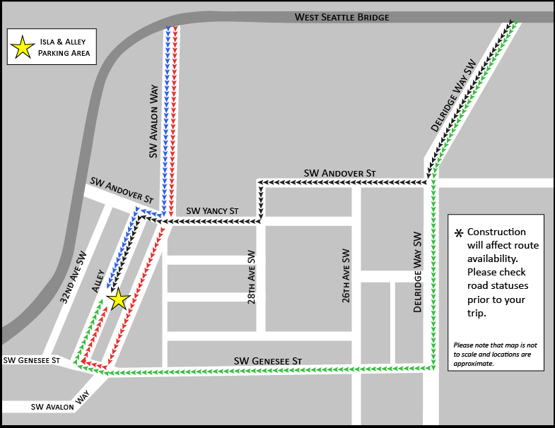 Map Showing Different Ways to Get to Isla Townhome's Parking Area