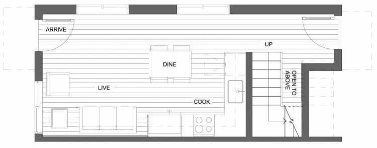 First Floor Plan of 10413 Alderbrook Pl NW, One of the Zinnia Townhomes in the Greenwood Neighborhood of Seattle