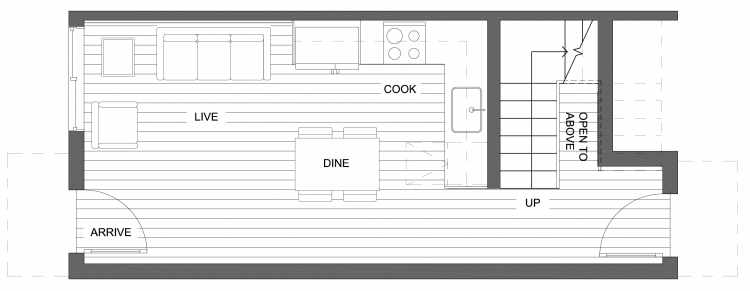 First Floor Plan of 10415 Alderbrook Pl NW, One of the Zinnia Townhomes in the Greenwood Neighborhood of Seattle