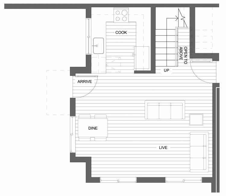 First Floor Plan of 10419 Alderbrook Pl NW, One of the Zinnia Townhomes in the Greenwood Neighborhood of Seattle