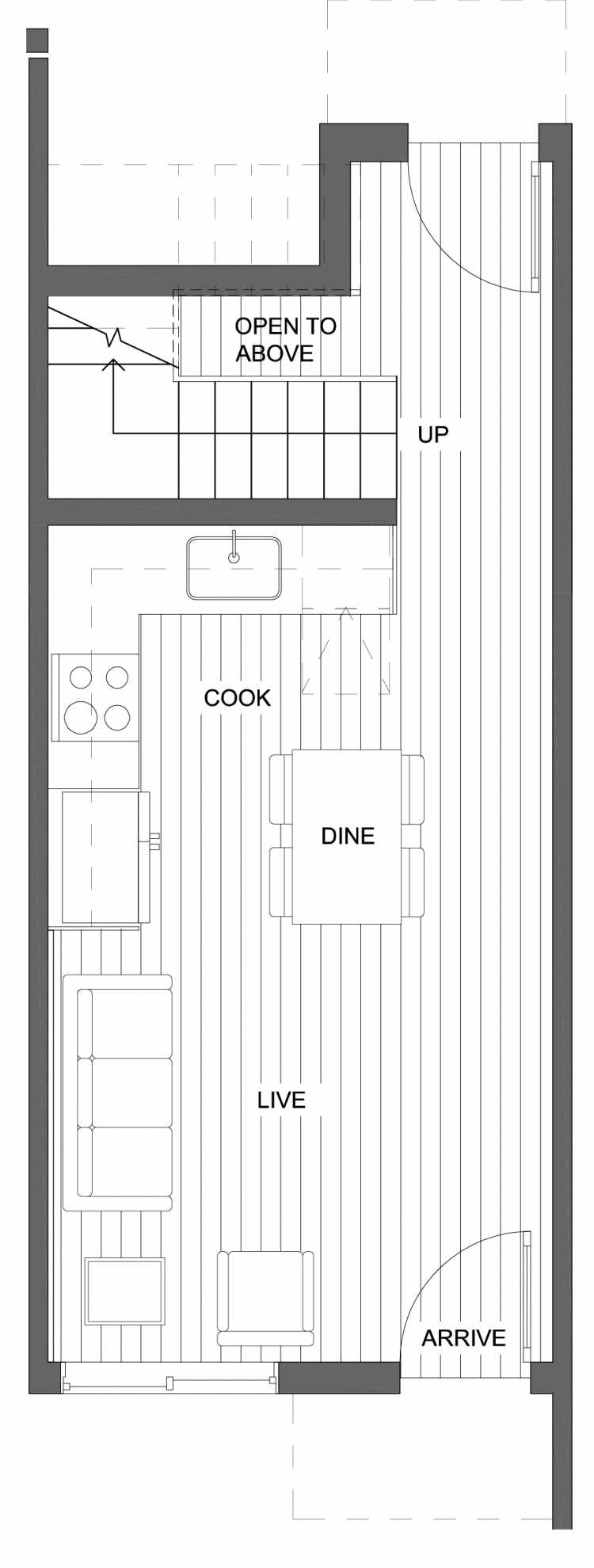 First Floor Plan of 10421 Alderbrook Pl NW, One of the Zinnia Townhomes in the Greenwood Neighborhood of Seattle