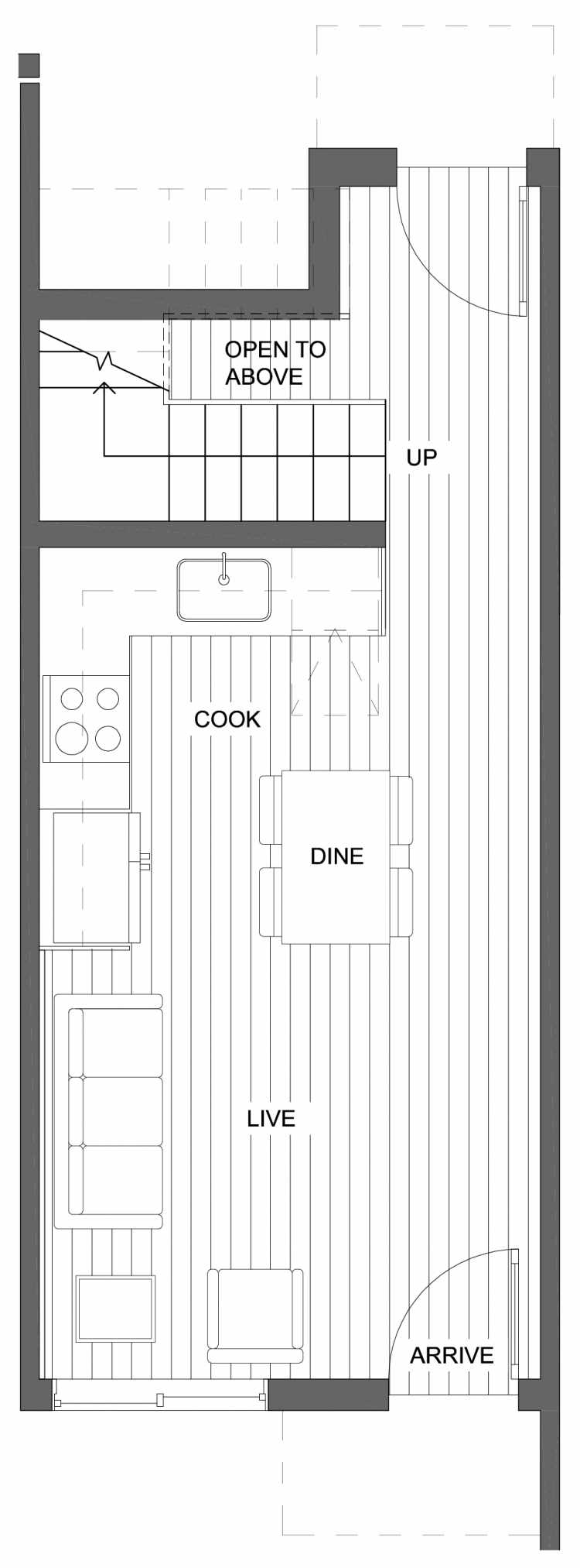 First Floor Plan of 10425 Alderbrook Pl NW, One of the Zinnia Townhomes in the Greenwood Neighborhood of Seattle
