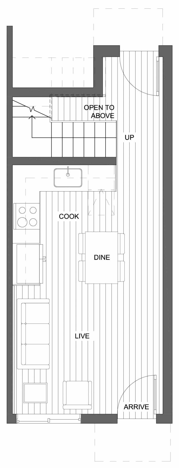 First Floor Plan of 10427 Alderbrook Pl NW, One of the Zinnia Townhomes in the Greenwood Neighborhood of Seattle