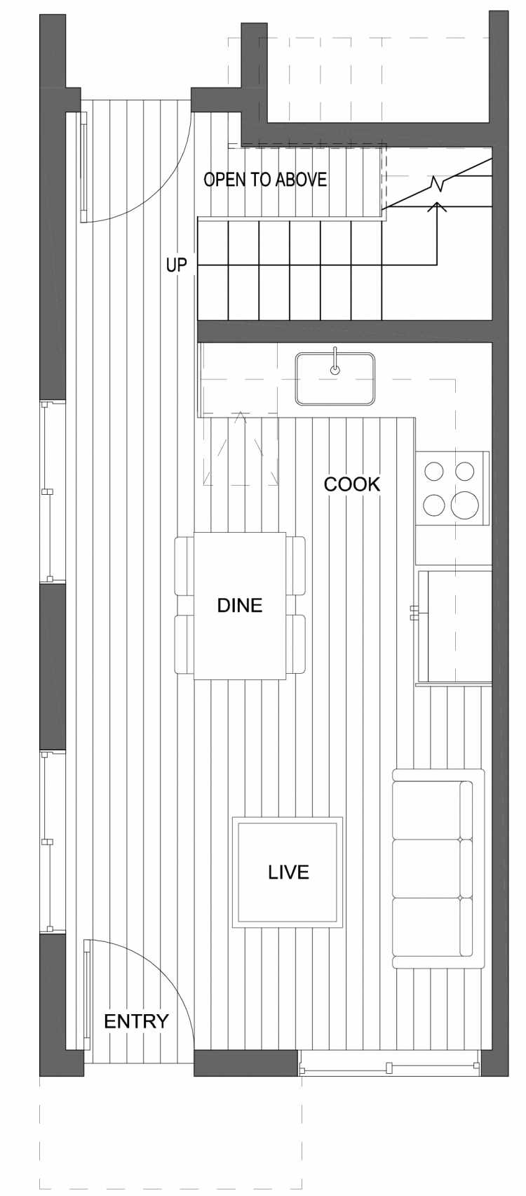 First Floor Plan of 10429A Alderbrook Pl NW, One of the Jasmine Townhomes in the Greenwood Neighborhood of Seattle