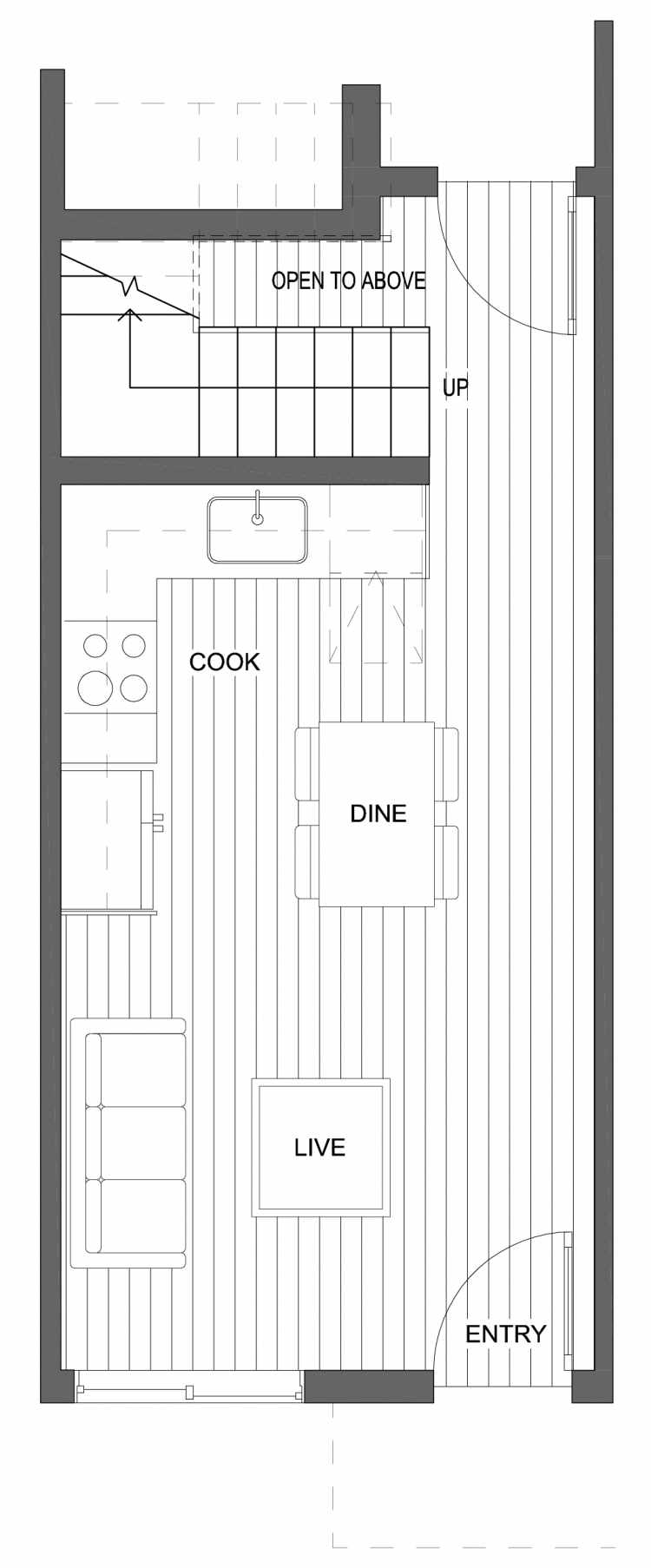 First Floor Plan of 10429D Alderbrook Pl NW, One of the Jasmine Townhomes in the Greenwood Neighborhood of Seattle