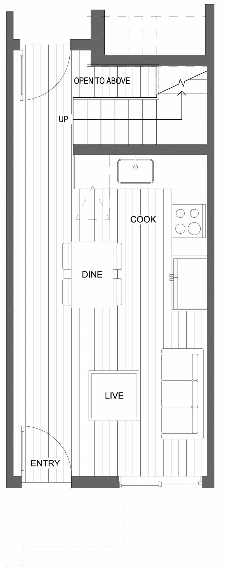 First Floor Plan of 10429E Alderbrook Pl NW, One of the Jasmine Townhomes in the Greenwood Neighborhood of Seattle