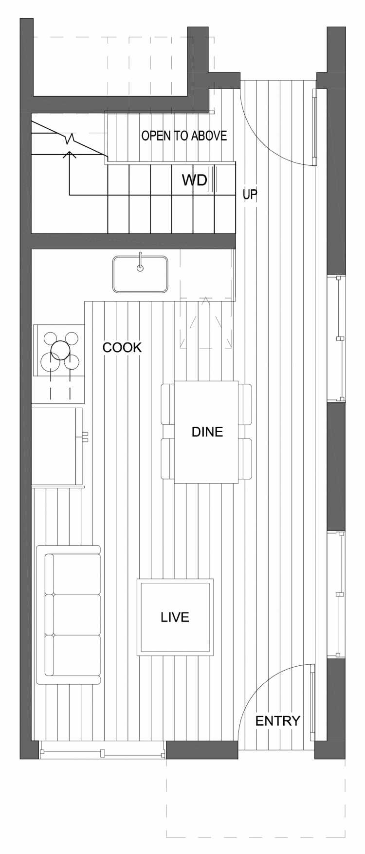 First Floor Plan of 10429H Alderbrook Pl NW, One of the Jasmine Townhomes in the Greenwood Neighborhood of Seattle