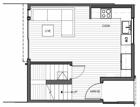 First Floor Plan of 1421 E Harrison St, One of the Mika Townhomes in Capitol Hill by Isola Homes