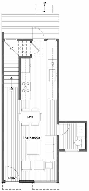 First Floor Plan of 2302 W Emerson St, of the Walden Townhomes, by Isola Homes