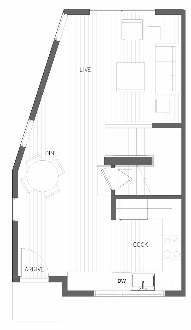 First Floor Plan of 5608 NE 60th St., One of the Kendal Townhomes in Windermere by Isola Homes