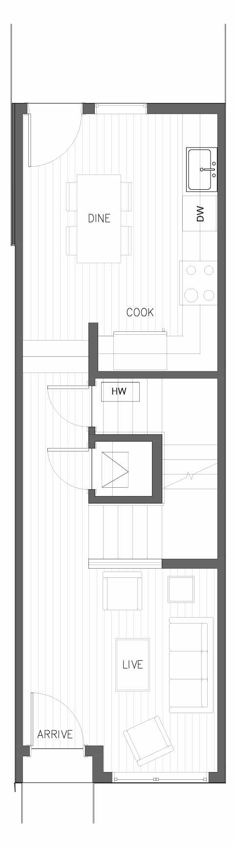 First Floor Plan of 5610 NE 60th St., One of the Kendal Townhomes in Windermere by Isola Homes