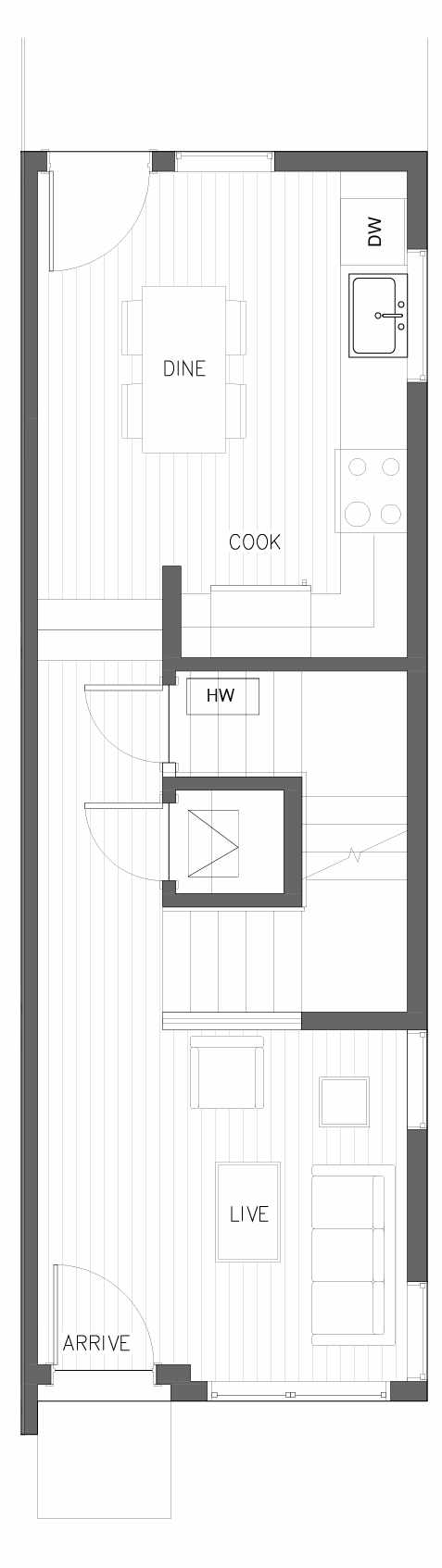 First Floor Plan of 5614 NE 60th St., One of the Kendal Townhomes in Windermere by Isola Homes