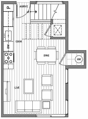 First Floor Plan of Centro Townhomes Unit 363D in Seattle by Isola Homes