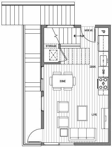 First Floor Plan of Centro Townhomes Unit 363A in Seattle by Isola Homes