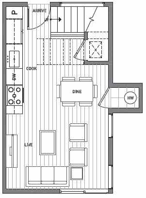 First Floor Plan of Centro Townhomes Unit 363B in Seattle by Isola Homes