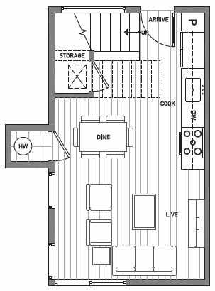 First Floor Plan of Centro Townhomes Unit 363E in Seattle by Isola Homes