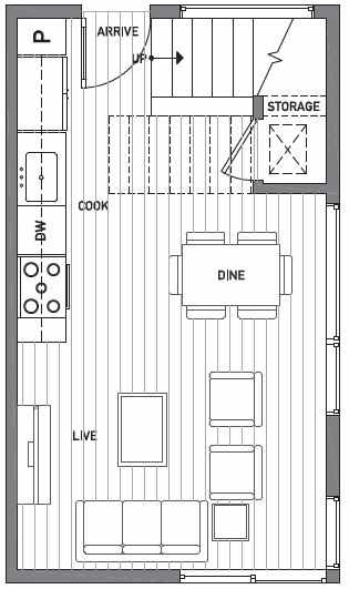 First Floor Plan of Centro Townhomes Unit 363F in Seattle by Isola Homes