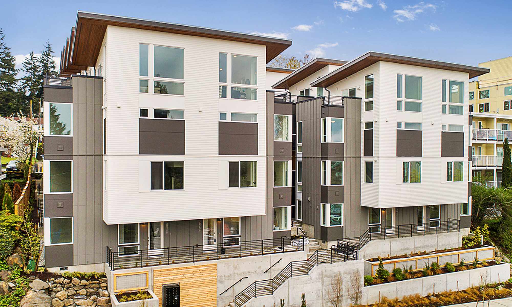 Front Exterior of Isla Townhomes, Located on SW Avalon Way in West Seattle