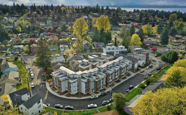 Aerial View of the Flora Collection in the Greenwood Neighborhood of Seattle with the Sound in the Backgroiund