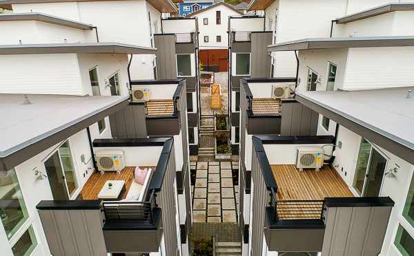 Overhead View of the Decks of the Isla Townhomes in West Seattle