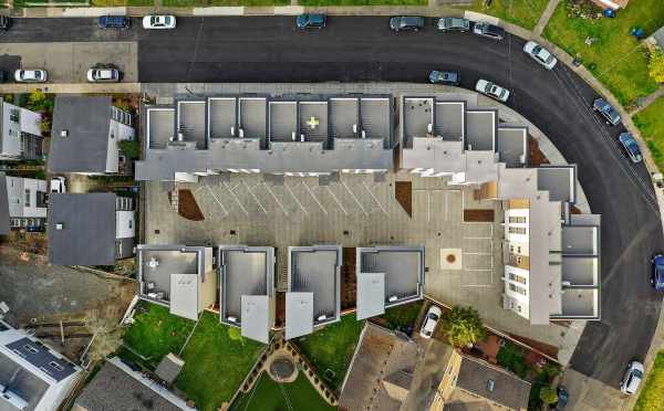 Overhead View of the Flora Collection of Homes and Townhomes in the Greenwood Neighborhood of Seatte