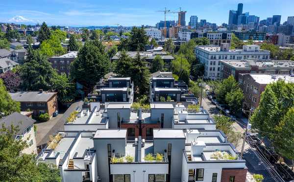 Aerial View of the Core 6.1 Townhomes, Seattle, and Mt. Rainier