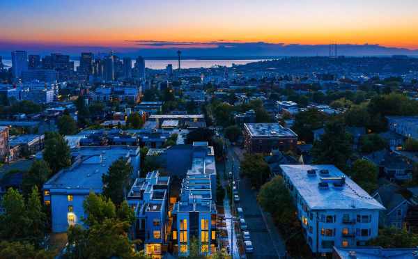 Aerial View of the Mika Townhomes, by Isola Homes, at Sunset