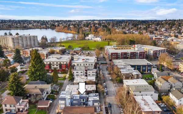 Aerial View of the Bloom Townhomes and Green Lake