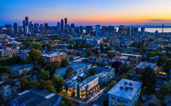 Aerial View of the Mika Townhomes and Downtown Seattle