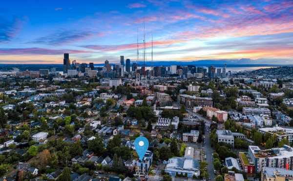 Aerial View of the Central 22 Townhomes and Downtown Seattle