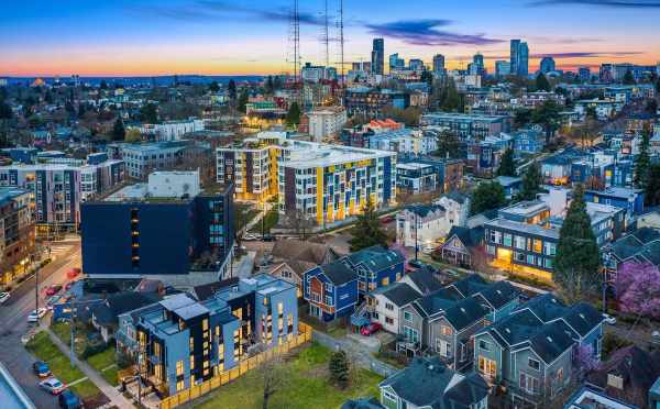 Aerial View of the Thalia Townhomes and Downtown Seattle