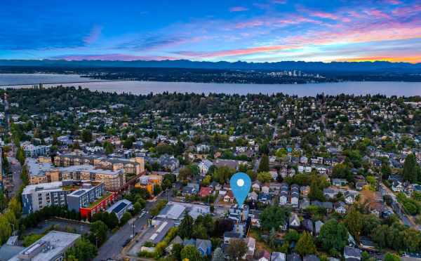 Aerial View of the Central 22 Townhomes, Lake Washington, and Bellevue