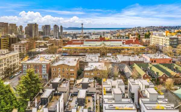 Aerial View of the Roof Decks of Core 6.2 in Capitol Hill and the Sound