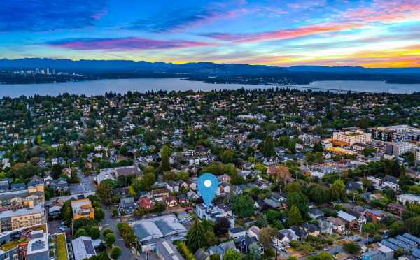 Aerial View of the Central 22 Townhomes, Lake Washington, and Mercer Island