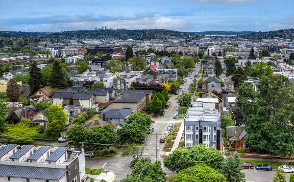 Aerial View of the Kai Townhomes, Seattle, and the Sound