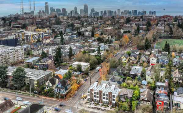 Aerial View of the 6 Central Townhomes and Downtown Seattle