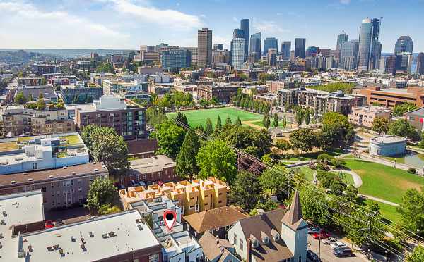 Aerial View of The Wyn Townhomes with Downtown Seattle