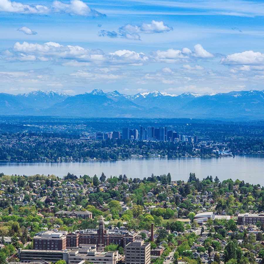Aerial View of the Central District, Lake Washington, Bellevue, and the Cascades