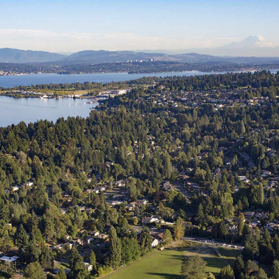 Aerial View of North Seattle, Lake Washington, and Mt Rainier